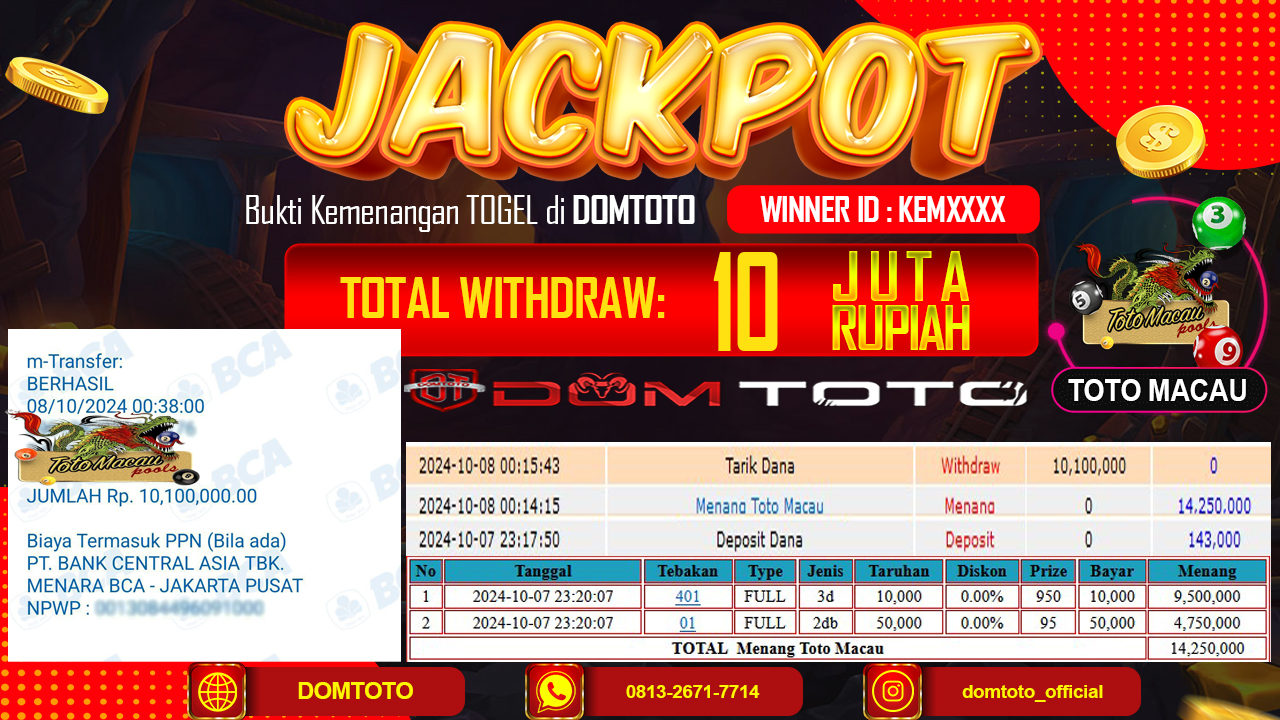 JACKPOT TOGEL TOTO MACAU 08 OKTOBER 2024